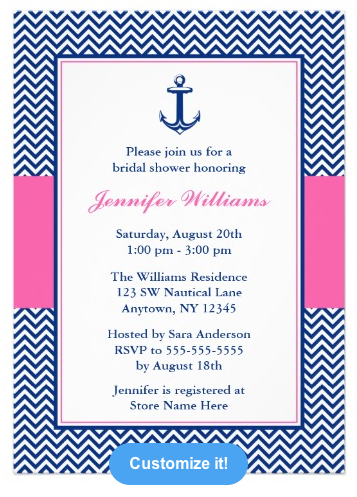 Nautical Chevron Anchor Blue Pink Bridal Shower Invitations from Zazzle
