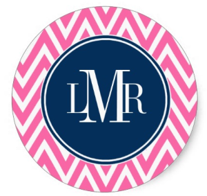 Pink and Navy Blue Chevrons Monogram Round Stickers from Zazzle