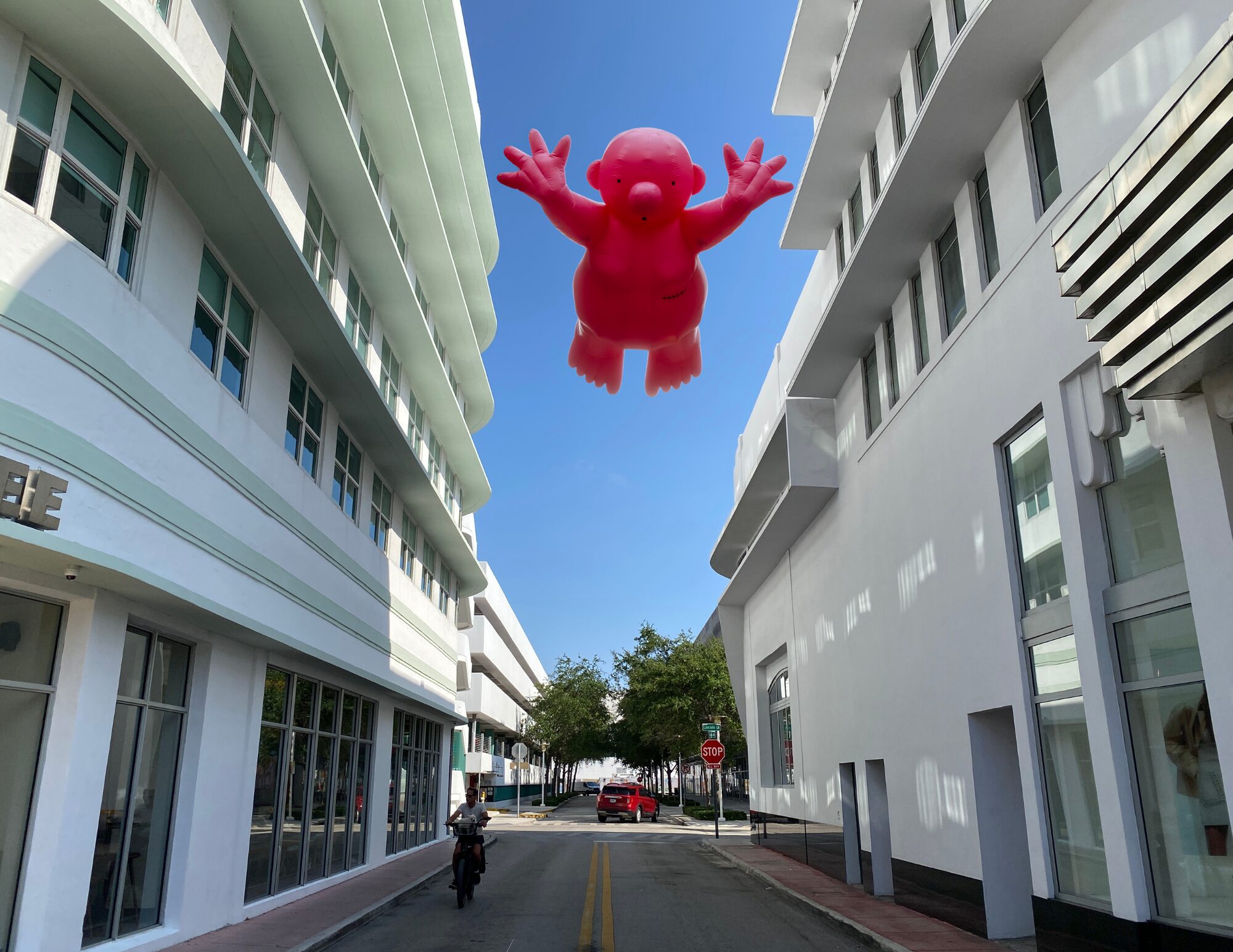French artist Philippe Katerine’s monumental “Mr. Pink Takes Flight” inflatables - Renderings by Sarah Delbos
